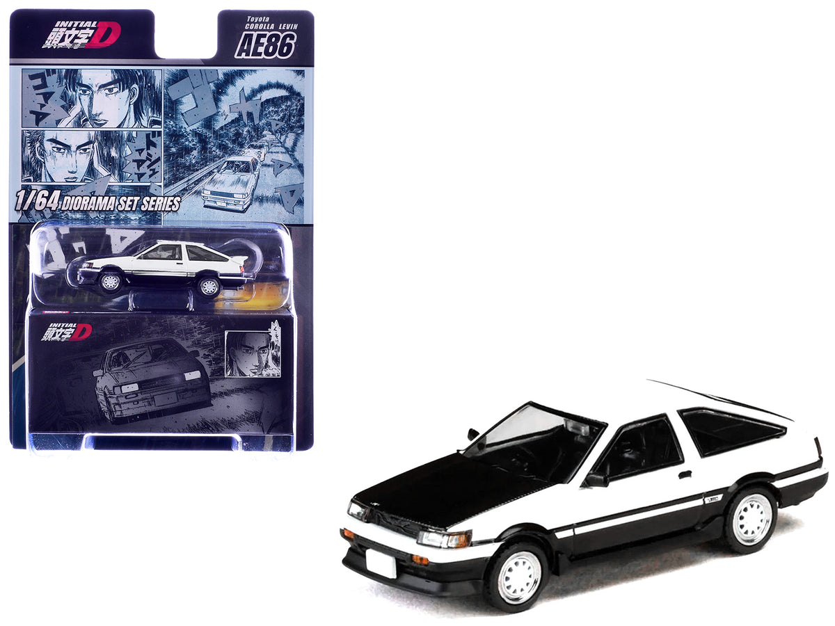 Toyota Corolla Levin (AE86) RHD (Right Hand Drive) White with Carbon Hood "Initial D" (1995-2013) Manga "Diorama Set Series" 1/64 Diecast Model Car by Hobby Japan