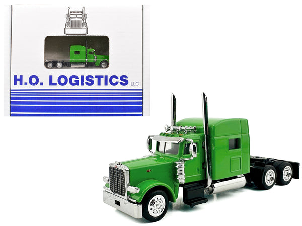 Peterbilt 389 Truck Tractor with Sleeper Cab Lime Green and Low Boy Flatbed Trailer Black Combo Set 1/87 (HO) Plastic Model Car by HO Logistics