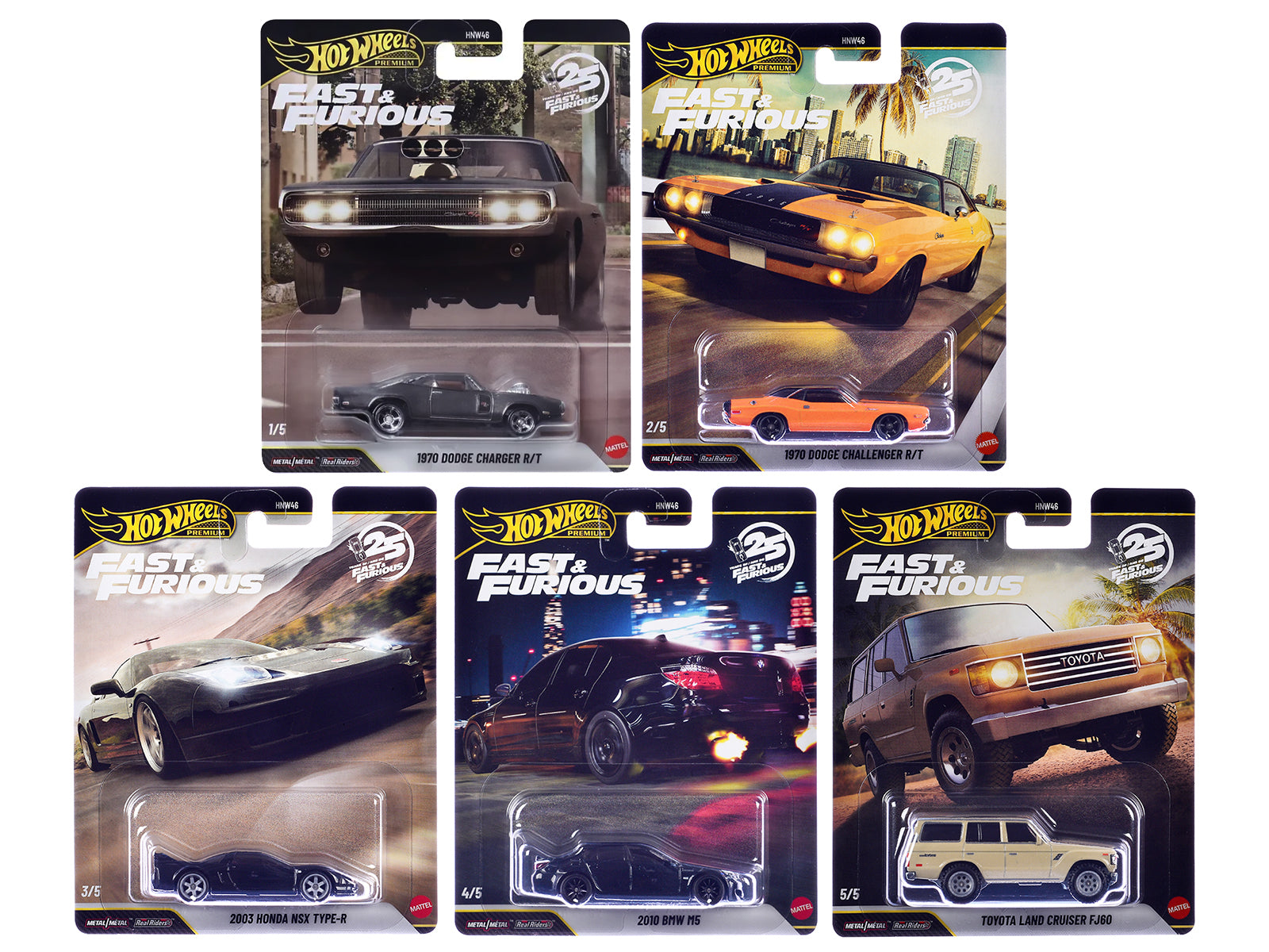 "Fast & Furious 25th Anniversary" 2026 5 piece Set Q Diecast Model Cars by Hot Wheels