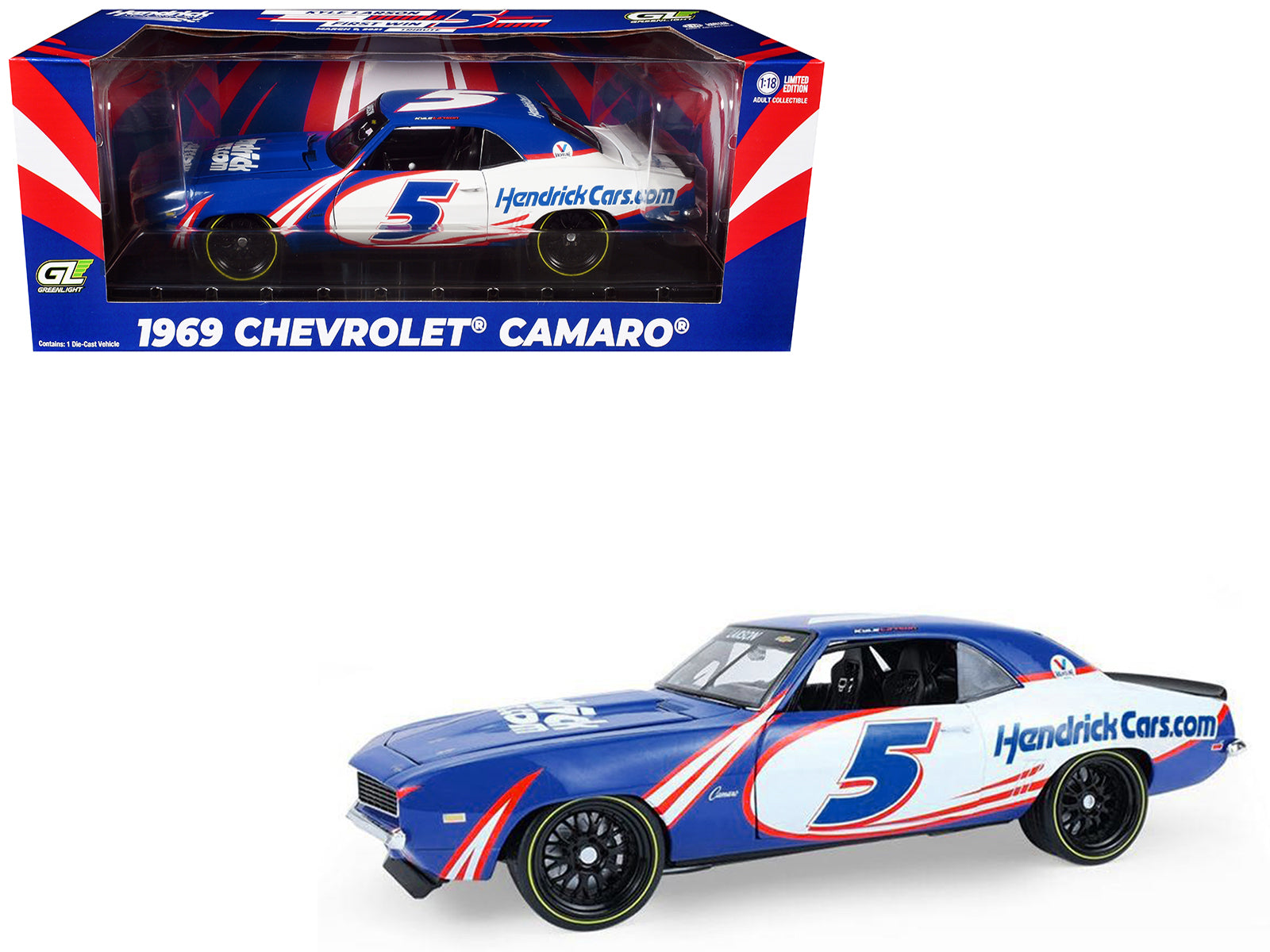 1969 Chevrolet Camaro #5 Kyle Larson "Hendrick Motorsports First Win Tribute" Blue and White with Graphics 1/18 Diecast Model Car by Highway 61
