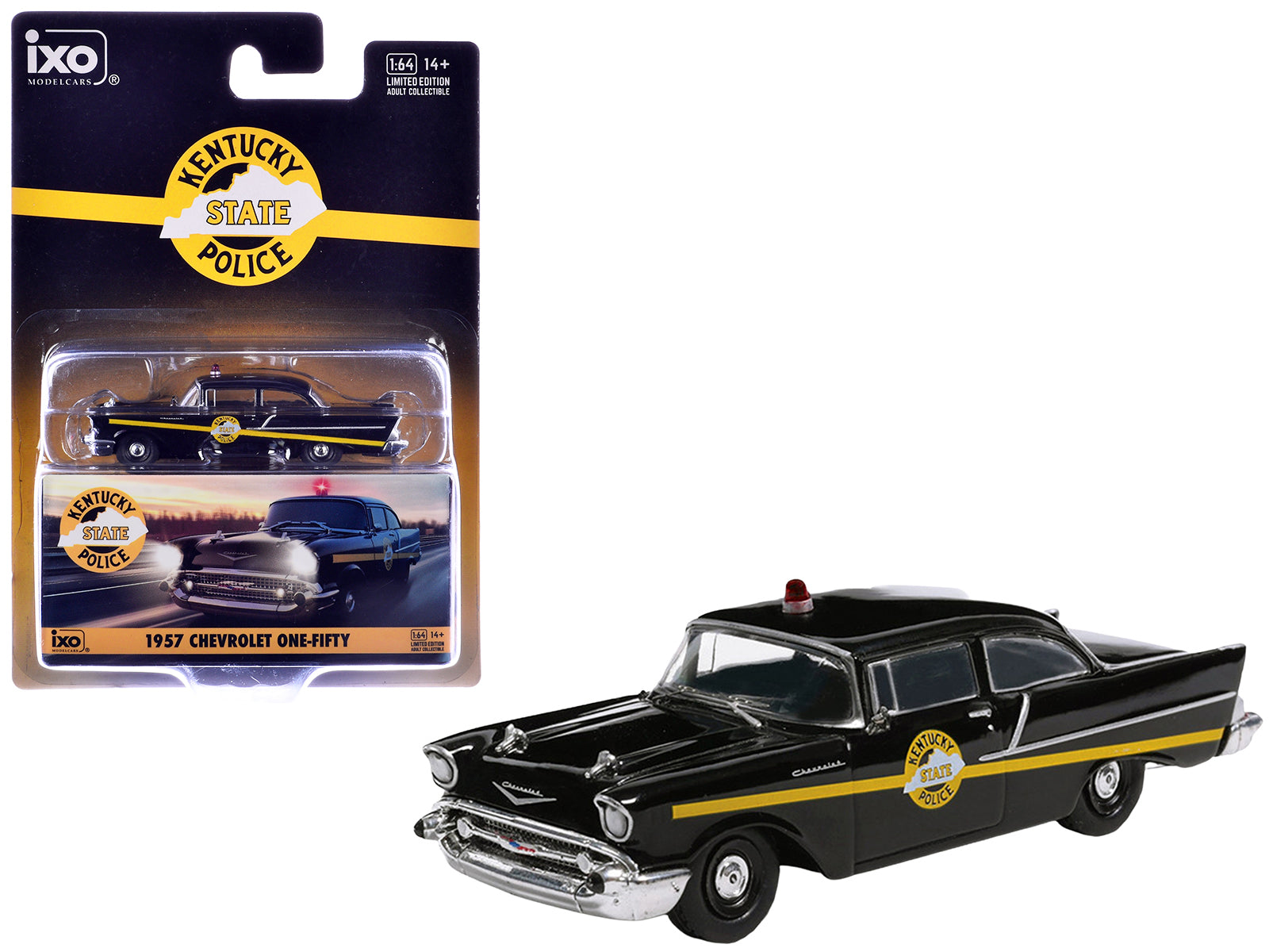 1957 Chevrolet One-Fifty Police Car "Kentucky State Police" Black with Yellow Stripes 1/64 Diecast Model Car by IXO Models