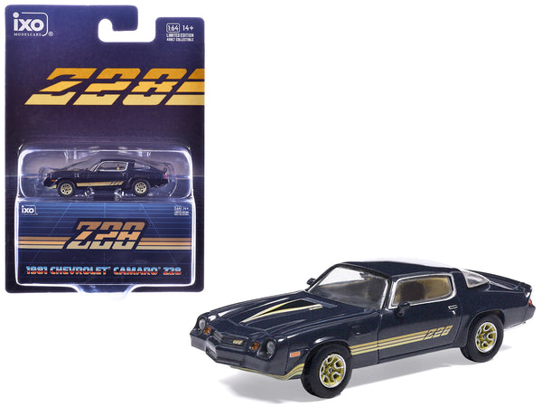 1981 Chevrolet Camaro Z28 Dark Blue Metallic with Gold Stripes and Interior 1/64 Diecast Model Car by IXO Models