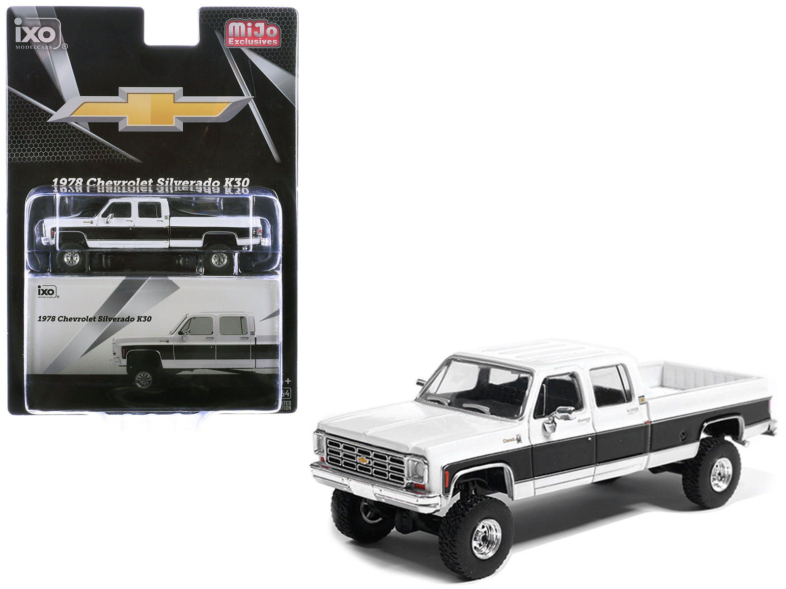 1978 Chevrolet Silverado K30 Crew Cab Pickup Truck White and Black 1/64 Diecast Model Car by IXO Models
