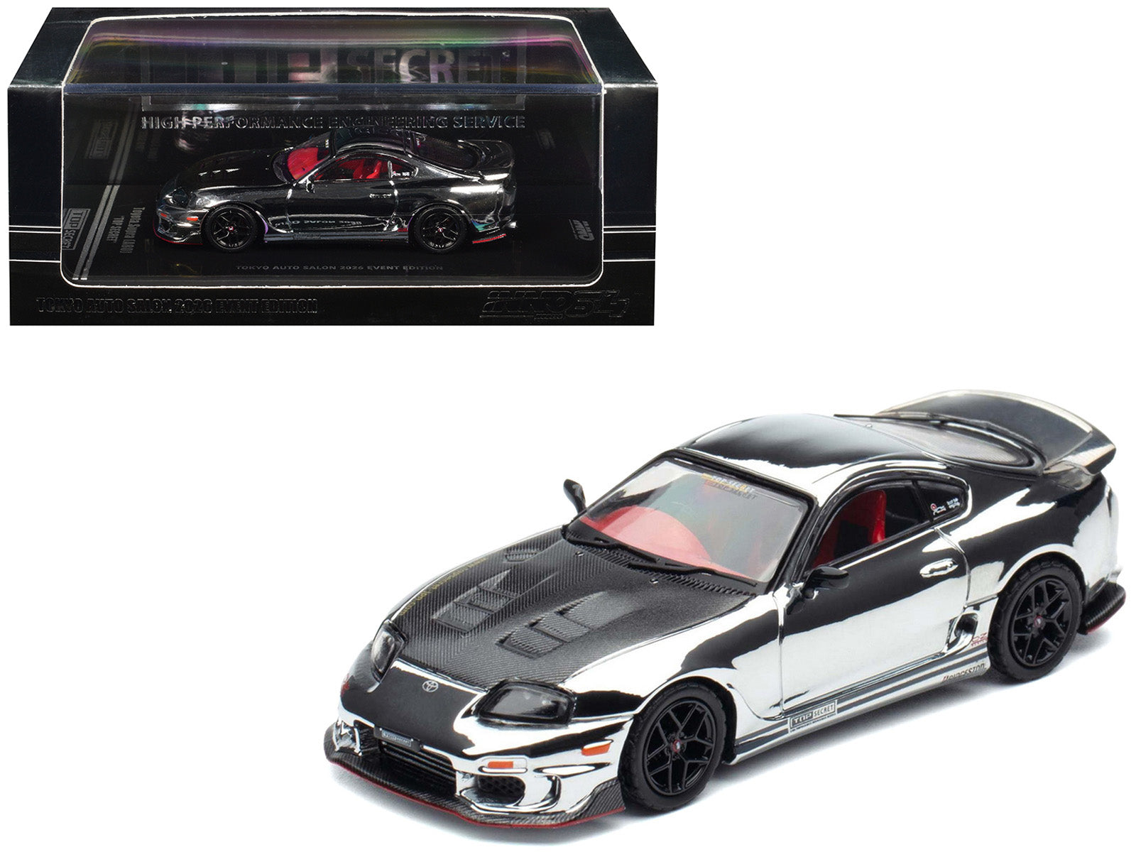 Toyota Supra (A80) "Top Secret" GT300 RHD (Right Hand Drive) Chrome with Carbon Hood and Red Interior "Tokyo Auto Salon 2026 Event Exclusive" 1/64 Diecast Model Car by Inno Models