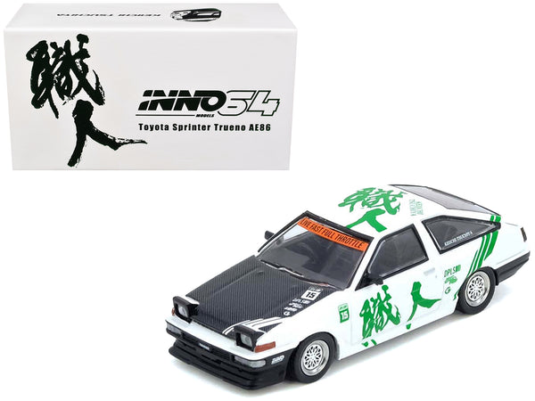 Toyota Sprinter Trueno (AE86) RHD (Right Hand Drive) #15 "Keiichi Tsuchiya" White with Green Graphics 1/64 Diecast Model Car by Inno Models