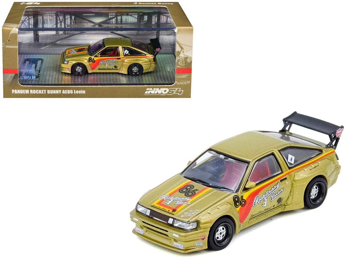Toyota Levin (AE86) RHD (Right Hand Drive) #86 "Pandem Rocket Bunny" Gold Metallic with Stripes 1/64 Diecast Model Car by Inno Models