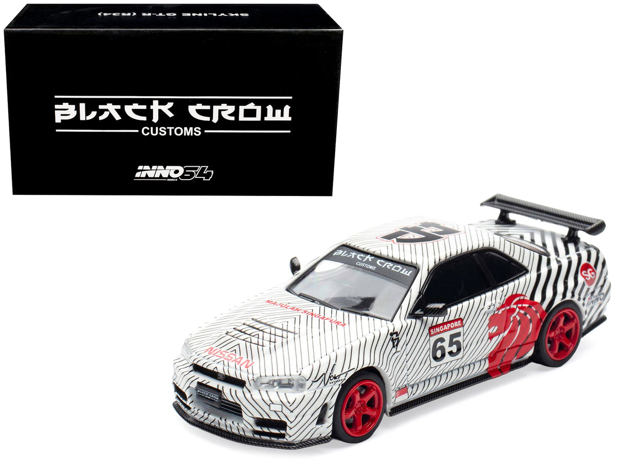 Nissan Skyline GT-R (R34) RHD (Right Hand Drive) #65 "Black Crow" White with Black Pinstripes "Singapore Diecast Expo 2025 Event Edition" 1/64 Diecast Model Car by Inno Models