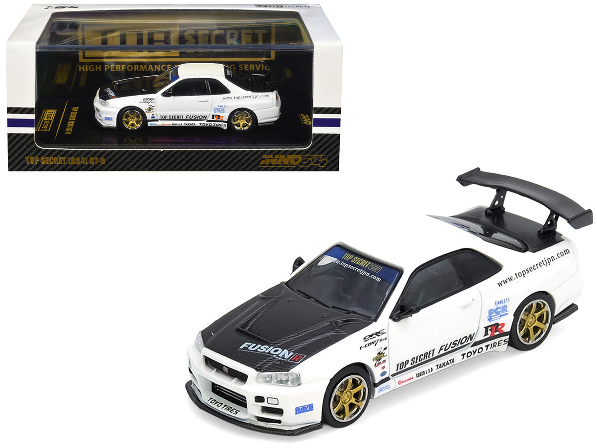 Nissan Skyline GT-R (R34) "Top Secret" RHD (Right Hand Drive) White with Carbon Hood 1/64 Diecast Model Car by Inno Models