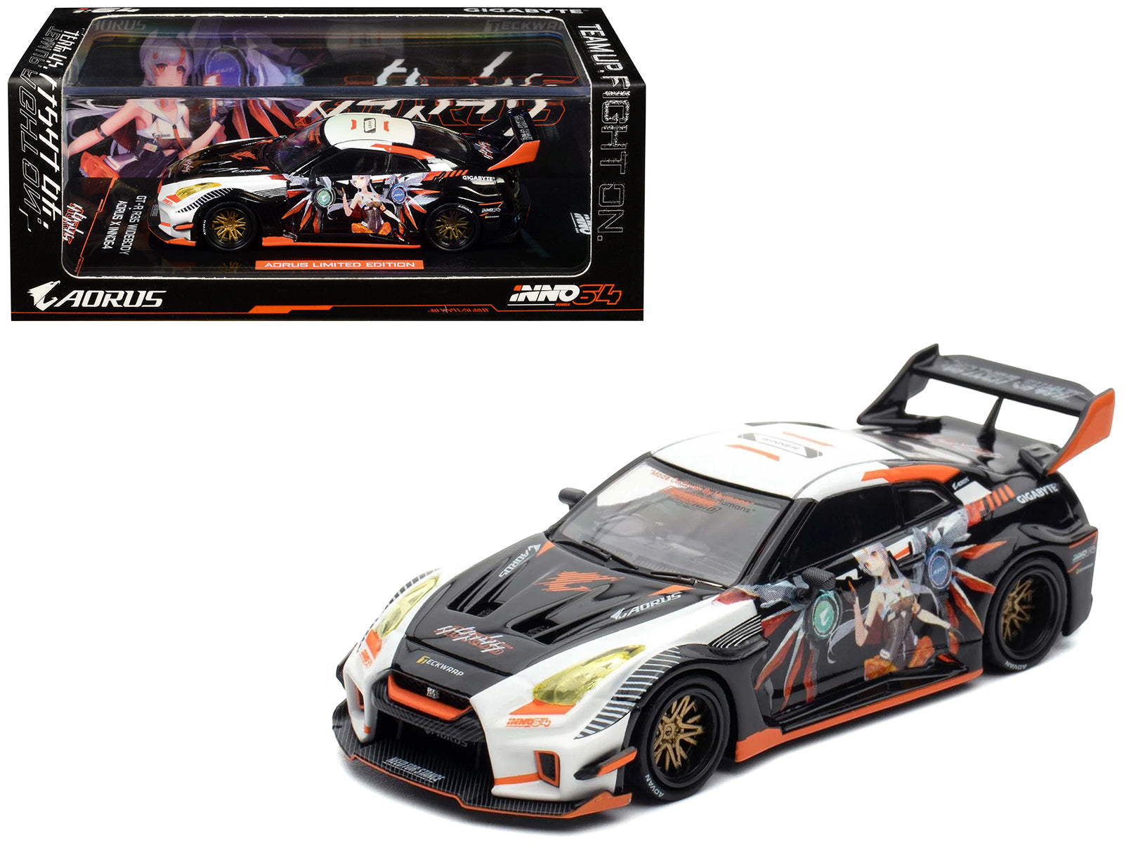 Nissan GT-R (R35) Widebody RHD (Right Hand Drive) Black and White with Graphics "AORUS X INNO64 Limited Edition" 1/64 Diecast Model Car by Inno Models
