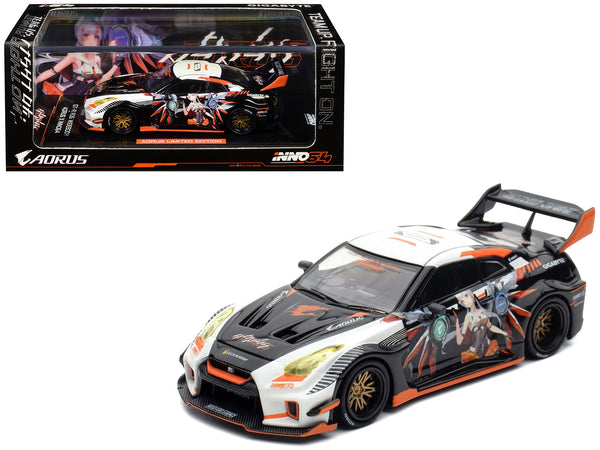 Nissan GT-R (R35) Widebody RHD (Right Hand Drive) Black and White with Graphics "AORUS X INNO64 Limited Edition" 1/64 Diecast Model Car by Inno Models