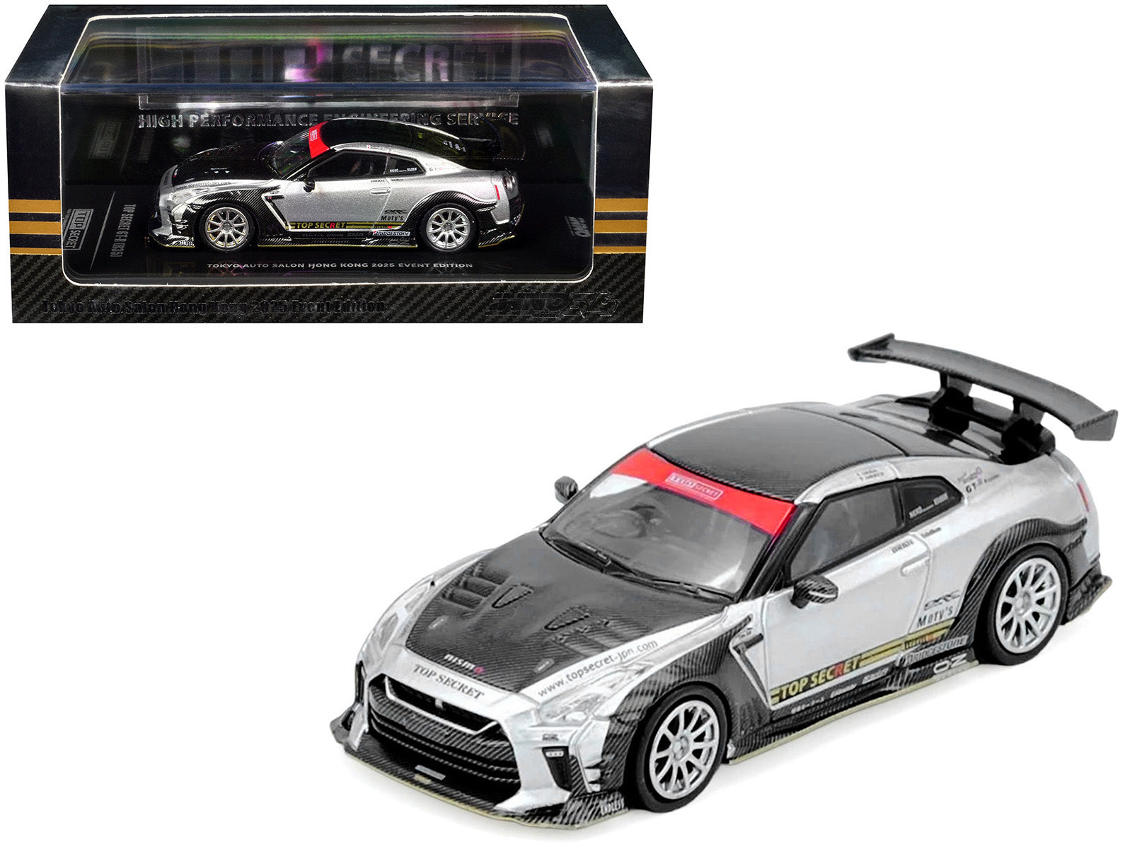 Nissan GT-R (R35) Top Secret RHD (Right Hand Drive) Silver Metallic with Carbon Hood and Top "Tokyo Auto Salon Hong Kong 2025 Event Edition" 1/64 Diecast Model Car by Inno Models
