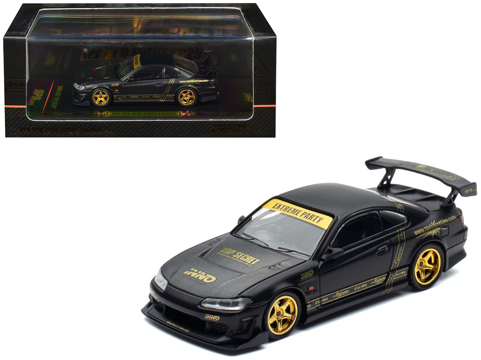 Nissan "Top Secret" Silvia (S15) RHD (Right Hand Drive) Matt Black with Carbon Hood "APA XPO 2025 Event Edition VIP Ticket Bundle" 1/64 Diecast Model Car by Inno Models