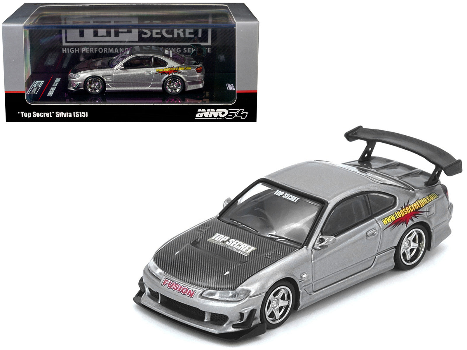Nissan "Top Secret" Silvia (S15) RHD (Right Hand Drive) Silver Metallic with Carbon Hood 1/64 Diecast Model Car by Inno Models