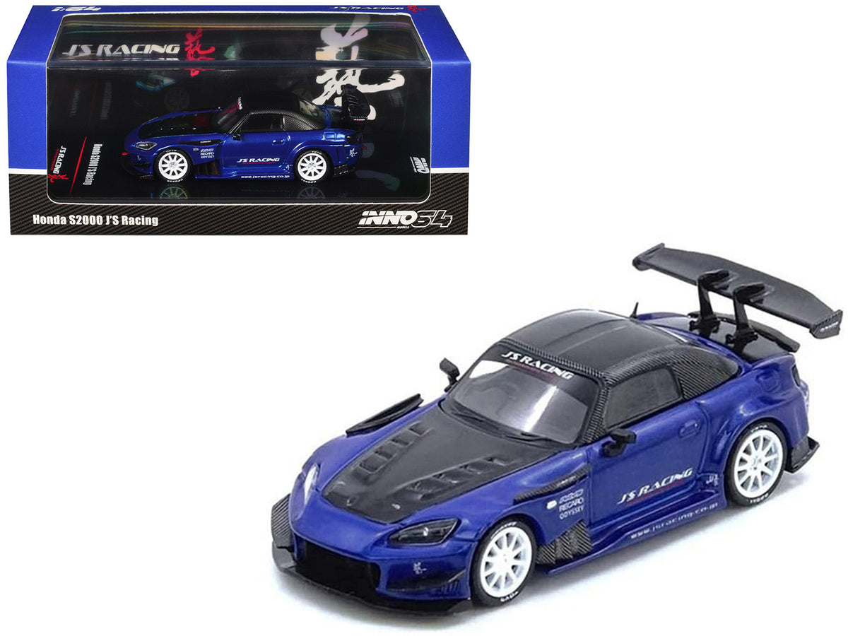 Honda S2000 RHD (Right Hand Drive) "J's Racing" Blue Metallic with Carbon Hood and Top 1/64 Diecast Model Car by Inno Models