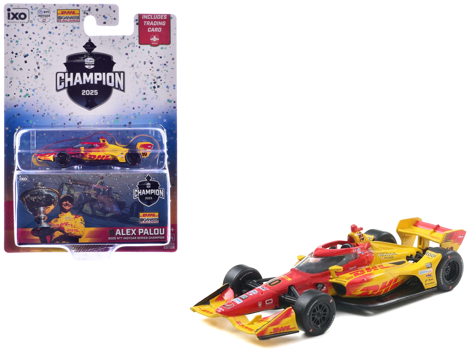 Dallara IndyCar #10 Alex Palou "DHL" Chip Ganassi Racing (Road Course Configuration) Champion "NTT IndyCar Series" (2025) with Trading Card 1/64 Diecast Model Car by IXO Models