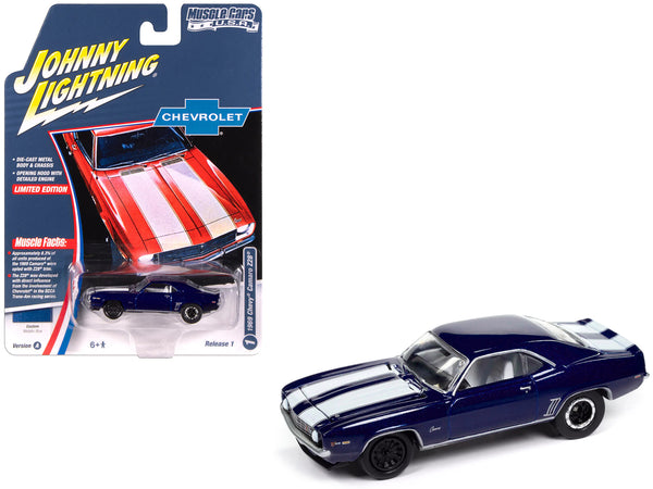 1969 Chevrolet Camaro Z28 Blue Metallic with White Stripes and Interior "Muscle Cars USA" Series 1/64 Diecast Model Car by Johnny Lightning