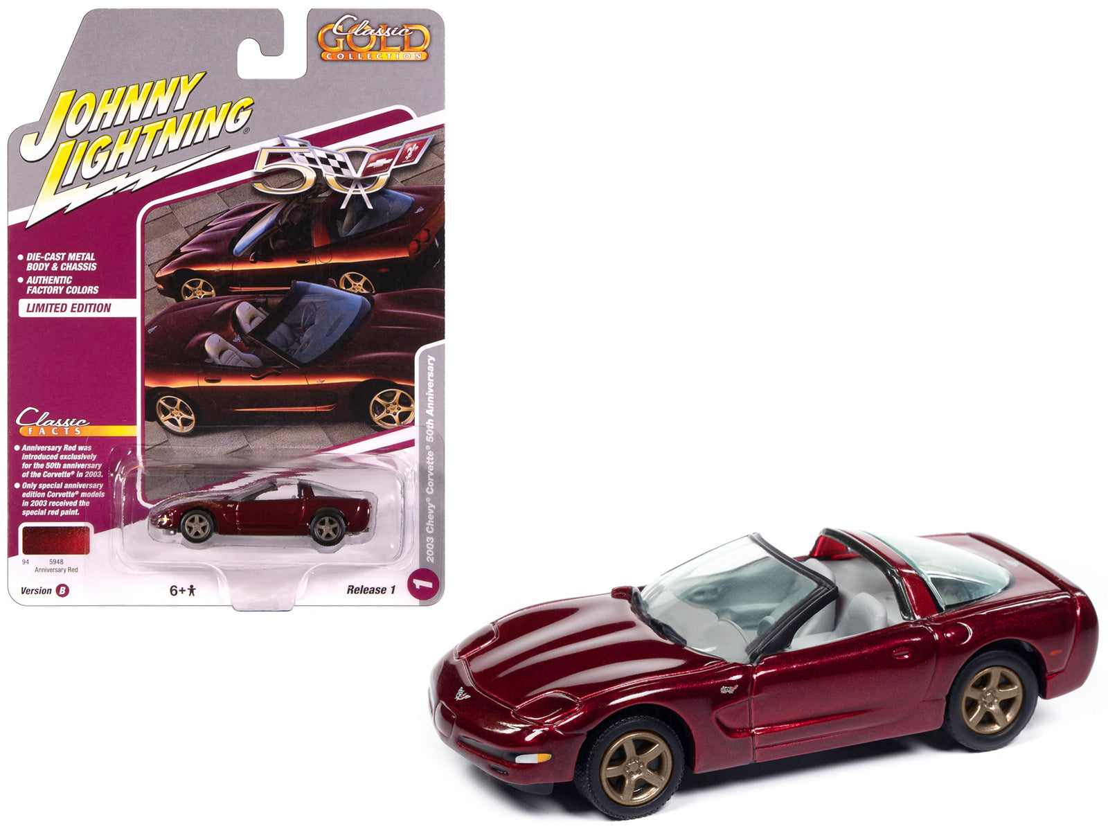 2003 Chevrolet Corvette Convertible "50th Anniversary" Anniversary Red Metallic "Classic Gold Collection" 1/64 Diecast Model Car by Johnny Lightning
