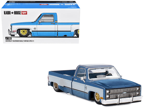 Chevrolet Silverado Dually Pickup Truck "Vintage Spec V1" Light Blue Metallic with White Sides and Interior (Designed by Jun Imai) "Kaido House" Special 1/64 Diecast Model Car by Mini GT