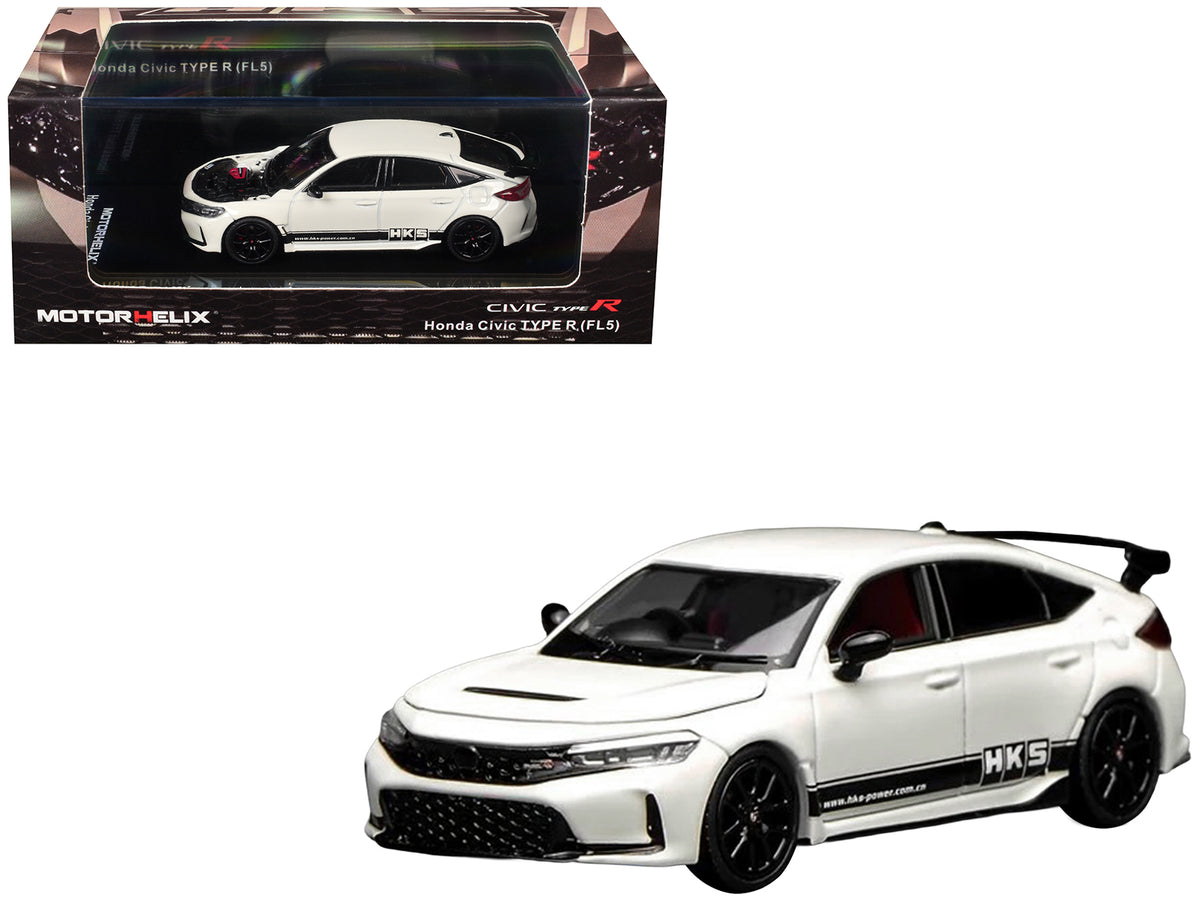Honda Civic Type R (FL5) RHD (Right Hand Drive) "HKS" White with Black Stripes 1/64 Diecast Model Car by MotorHelix
