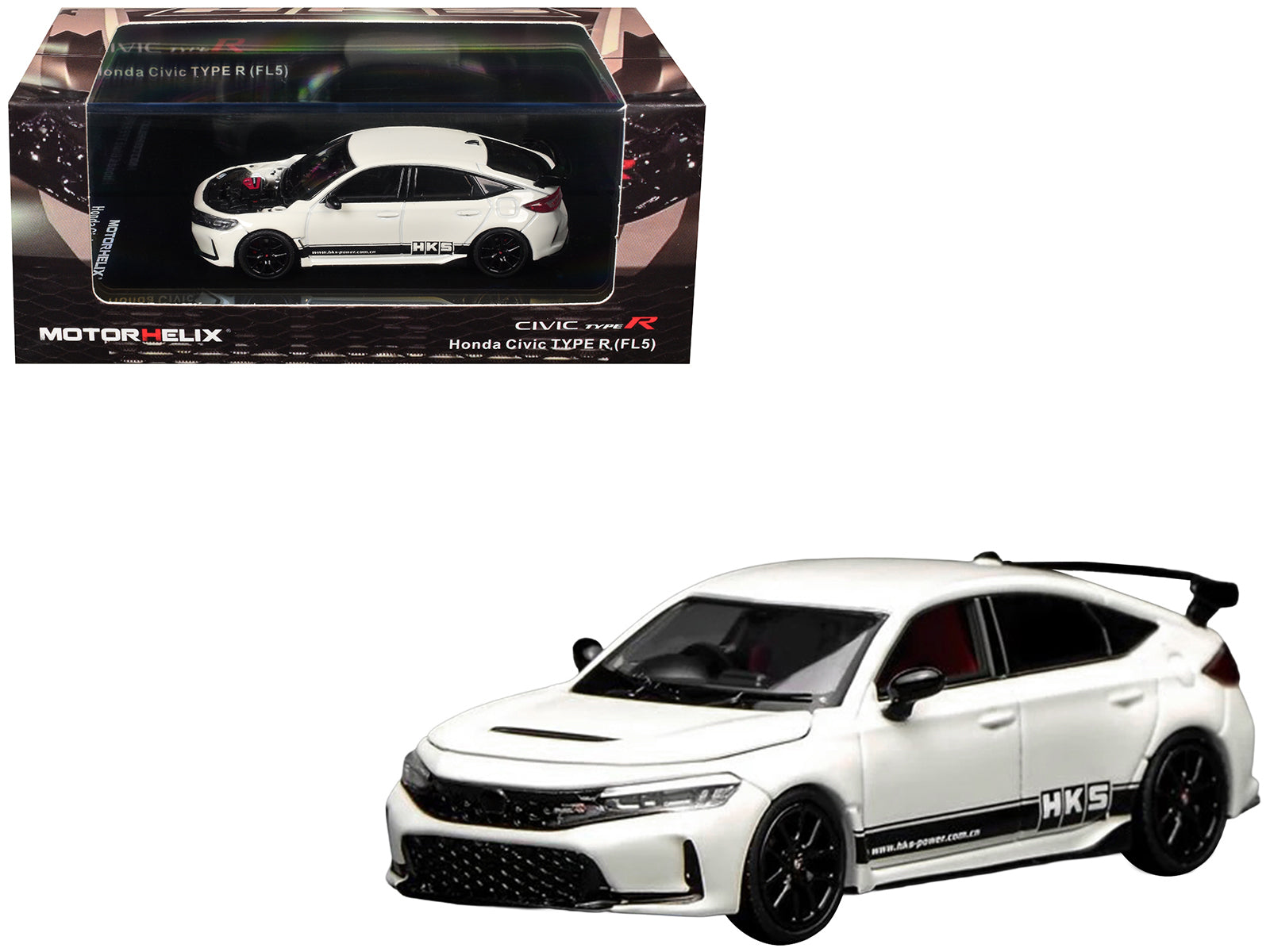 Honda Civic Type R (FL5) RHD (Right Hand Drive) "HKS" White with Black Stripes 1/64 Diecast Model Car by MotorHelix