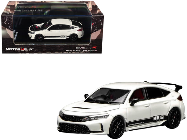 Honda Civic Type R (FL5) RHD (Right Hand Drive) "HKS" White with Black Stripes 1/64 Diecast Model Car by MotorHelix