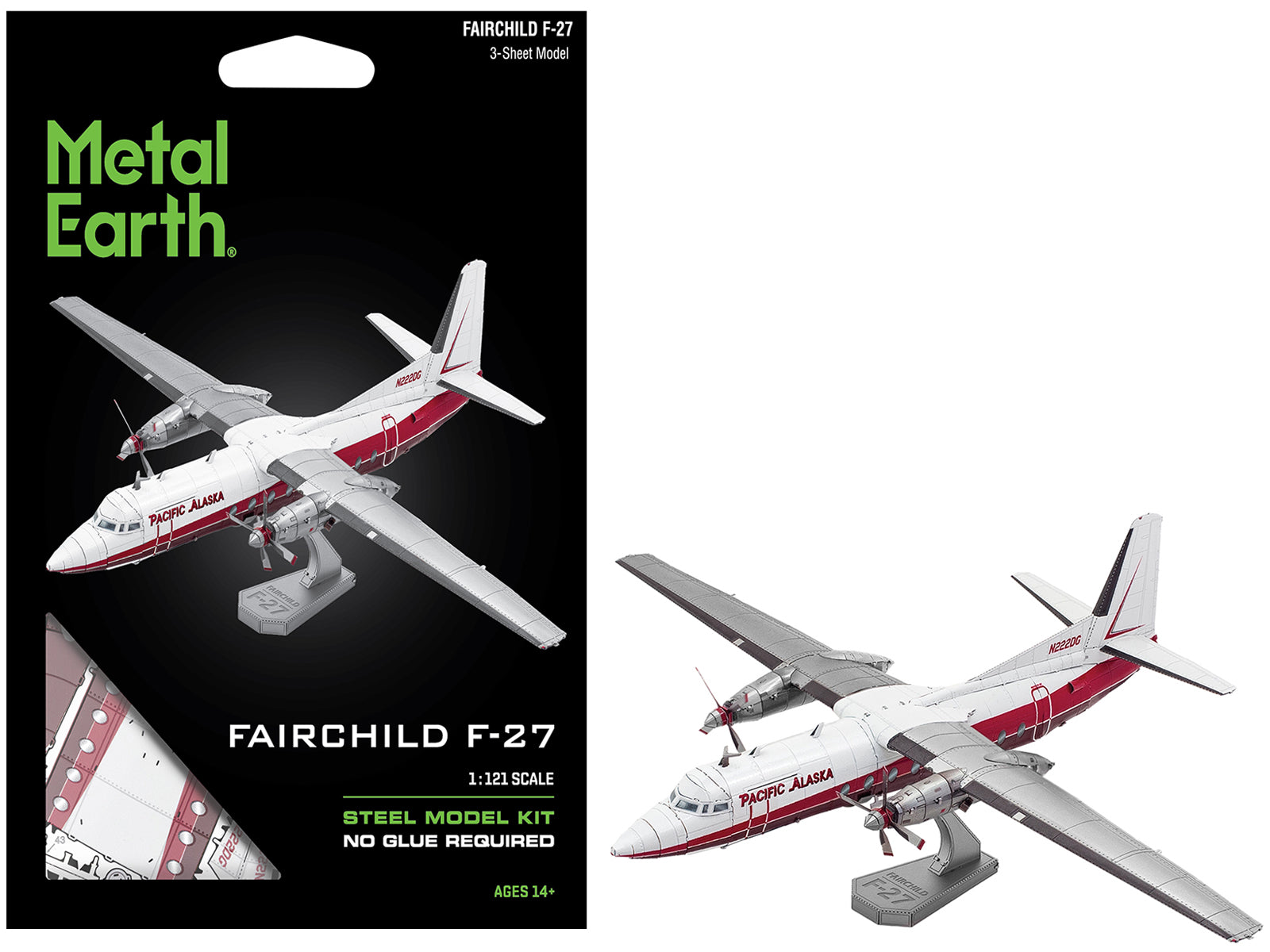 Model Kit Fairchild F-27 Commercial Aircraft "Pacific Alaska" White with Red Stripes (Moderate Difficulty) Steel Model by Metal Earth