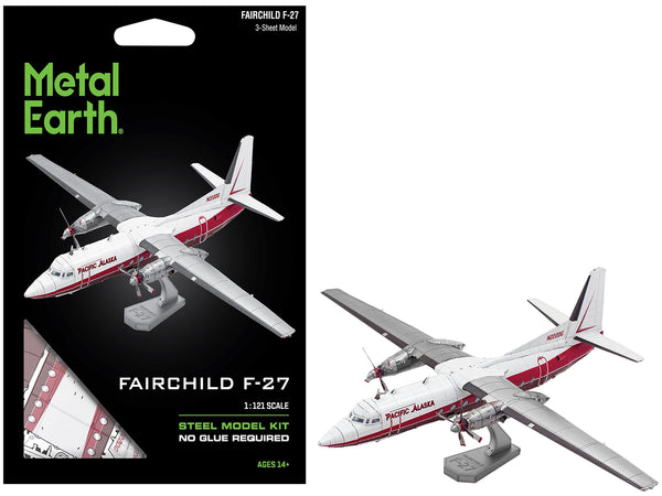 Model Kit Fairchild F-27 Commercial Aircraft "Pacific Alaska" White with Red Stripes (Moderate Difficulty) Steel Model by Metal Earth