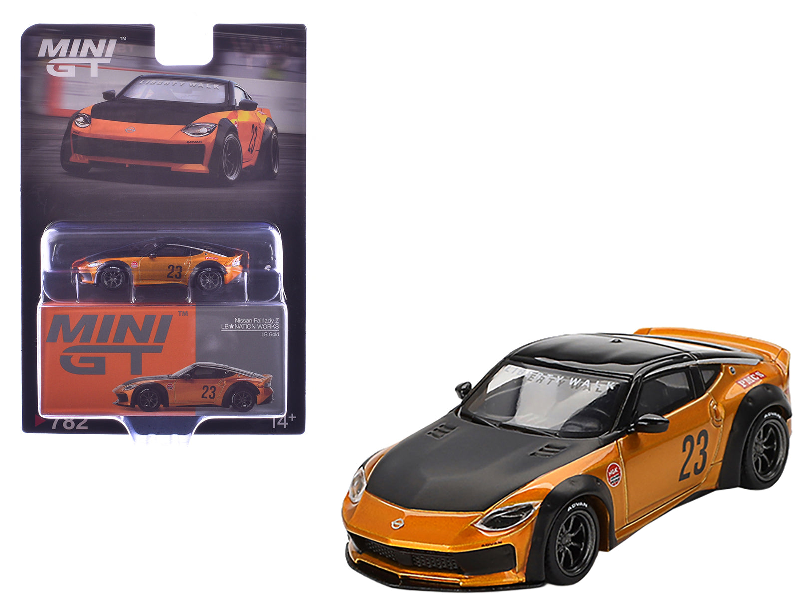 Nissan Fairlady Z #23 "LB-NATION WORKS" LB Gold Metallic with Matt Black Hood and Black Top Limited Edition 1/64 Diecast Model Car by Mini GT