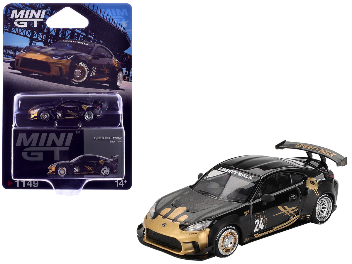 Toyota GR86 "LB-Nation - Liberty Walk" #24 Black with Carbon Hood and Gold Graphics Limited Edition 1/64 Diecast Model Car by Mini GT