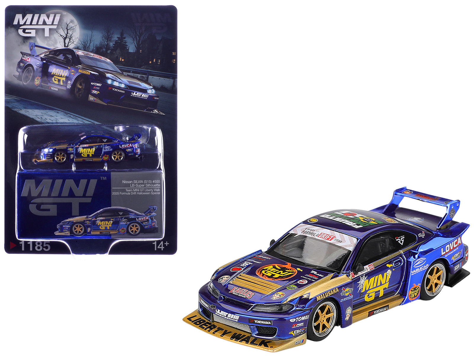 Nissan Silvia (S15) LB-Super Silhouette RHD (Right Hand Drive) #555 Yukio Fausto "Team MINI GT Liberty Walk" Halloween Special "Formula Drift Japan" (2025) Limited Edition 1/64 Diecast Model Car by Mini GT
