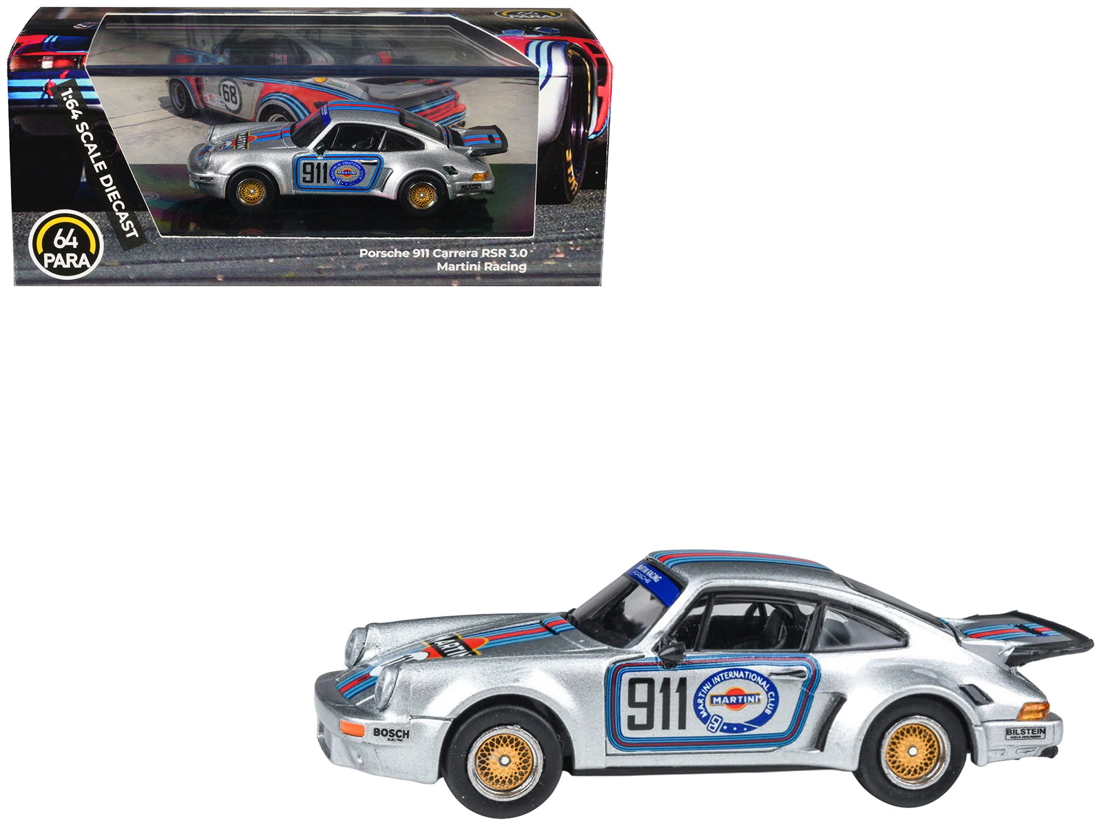 Porsche 911 Carrera RSR 3.0 "Martini Racing" Silver Metallic with Stripes 1/64 Diecast Model Car by Paragon Models