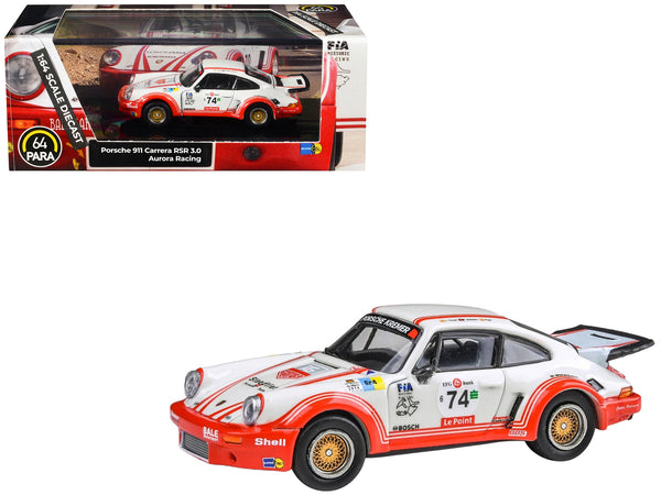 Porsche 911 Carrera RSR 3.0 #74 "Aurora Racing" White with Red Stripes 1/64 Diecast Model Car by Paragon Models