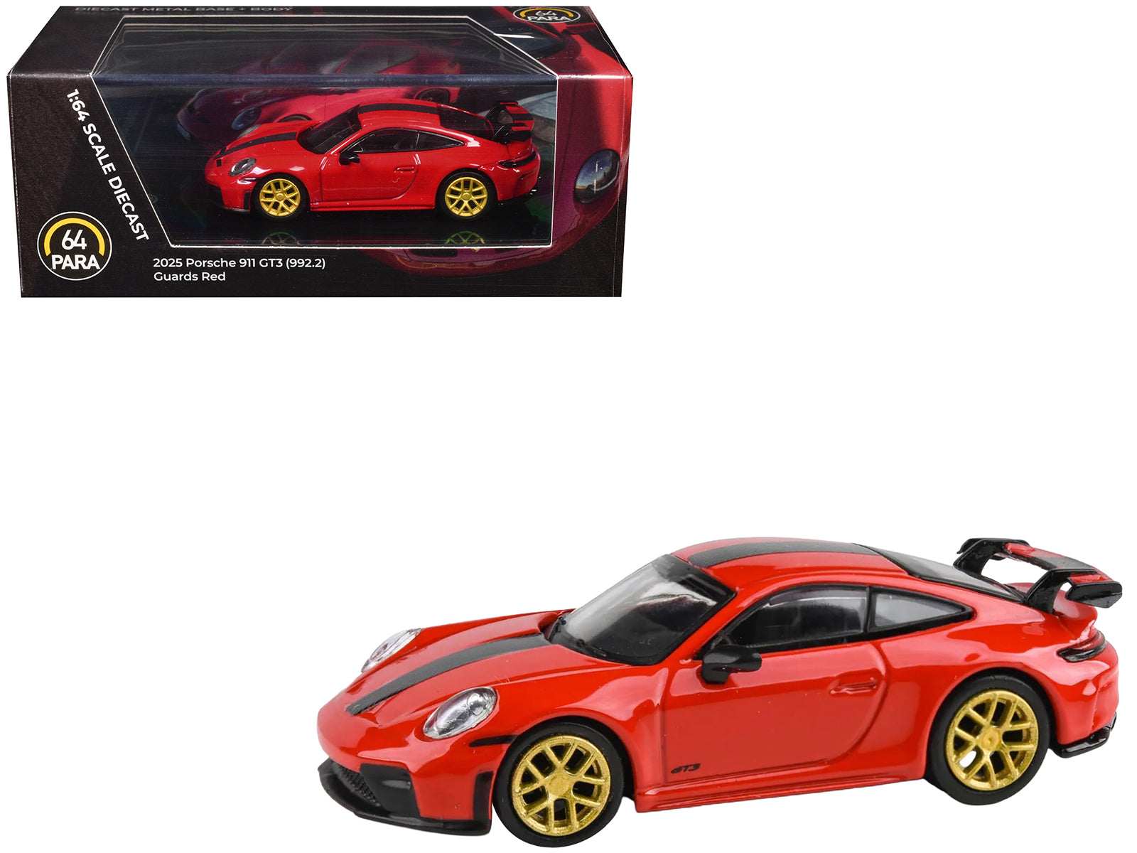 2025 Porsche 911 GT3 (992.2) Guards Red with Carbon Stripe and Gold Wheels 1/64 Diecast Model Car by Paragon Models