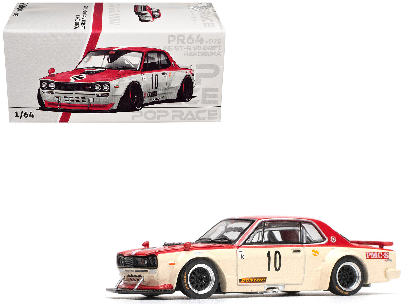 Skyline GT-R V8 Drift "Hakosuka" RHD (Right Hand Drive) #10 "Watanabe" Red and Cream 1/64 Diecast Model Car by Pop Race