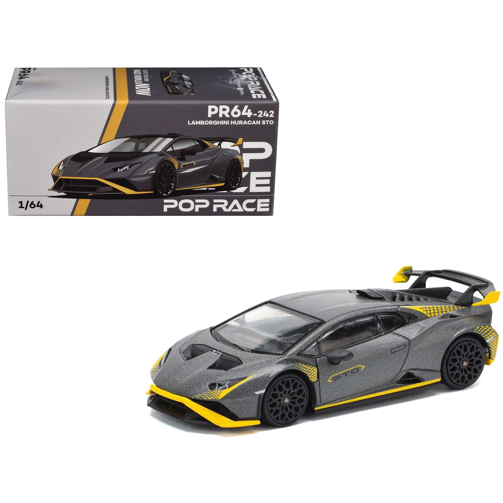 Lamborghini Huracan STO Matt Gray Metallic with Yellow Accents 1/64 Diecast Model Car by Pop Race
