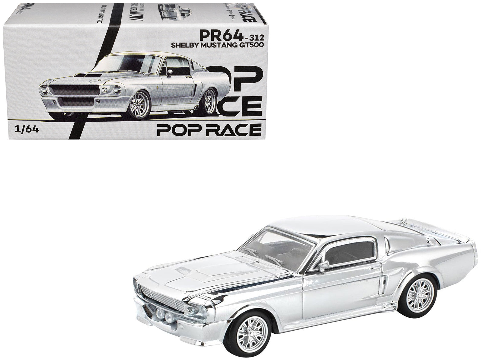 Shelby Mustang GT500 Silver Chrome 1/64 Diecast Model Car by Pop Race