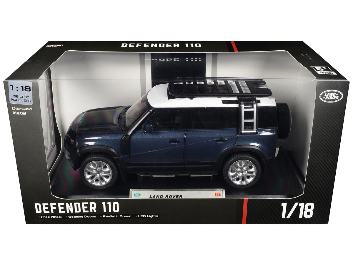 Land Rover Defender 110 Blue Metallic with White Top and Roof Rack 1/18 Diecast Model Car by Heimanba