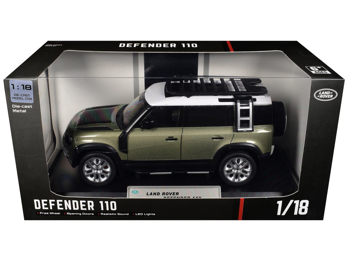 Land Rover Defender 110 Green Metallic with White Top and Roof Rack 1/18 Diecast Model Car by Heimanba