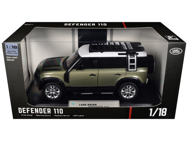 Land Rover Defender 110 Green Metallic with White Top and Roof Rack 1/18 Diecast Model Car by Heimanba