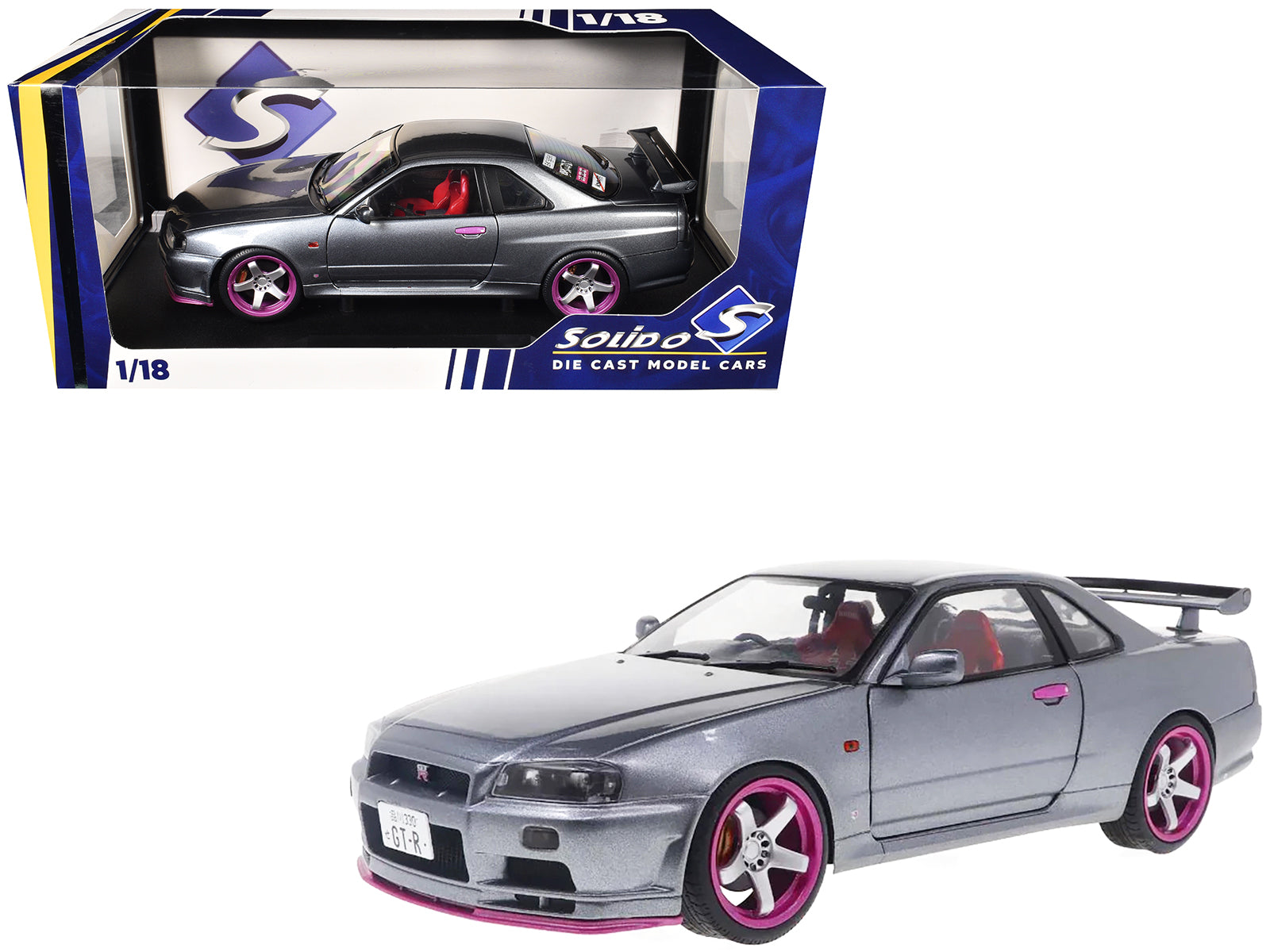 1999 Nissan Skyline GT-R (R34) RHD (Right Hand Drive) Silver Metallic with Purple Wheels 1/18 Diecast Model Car by Solido