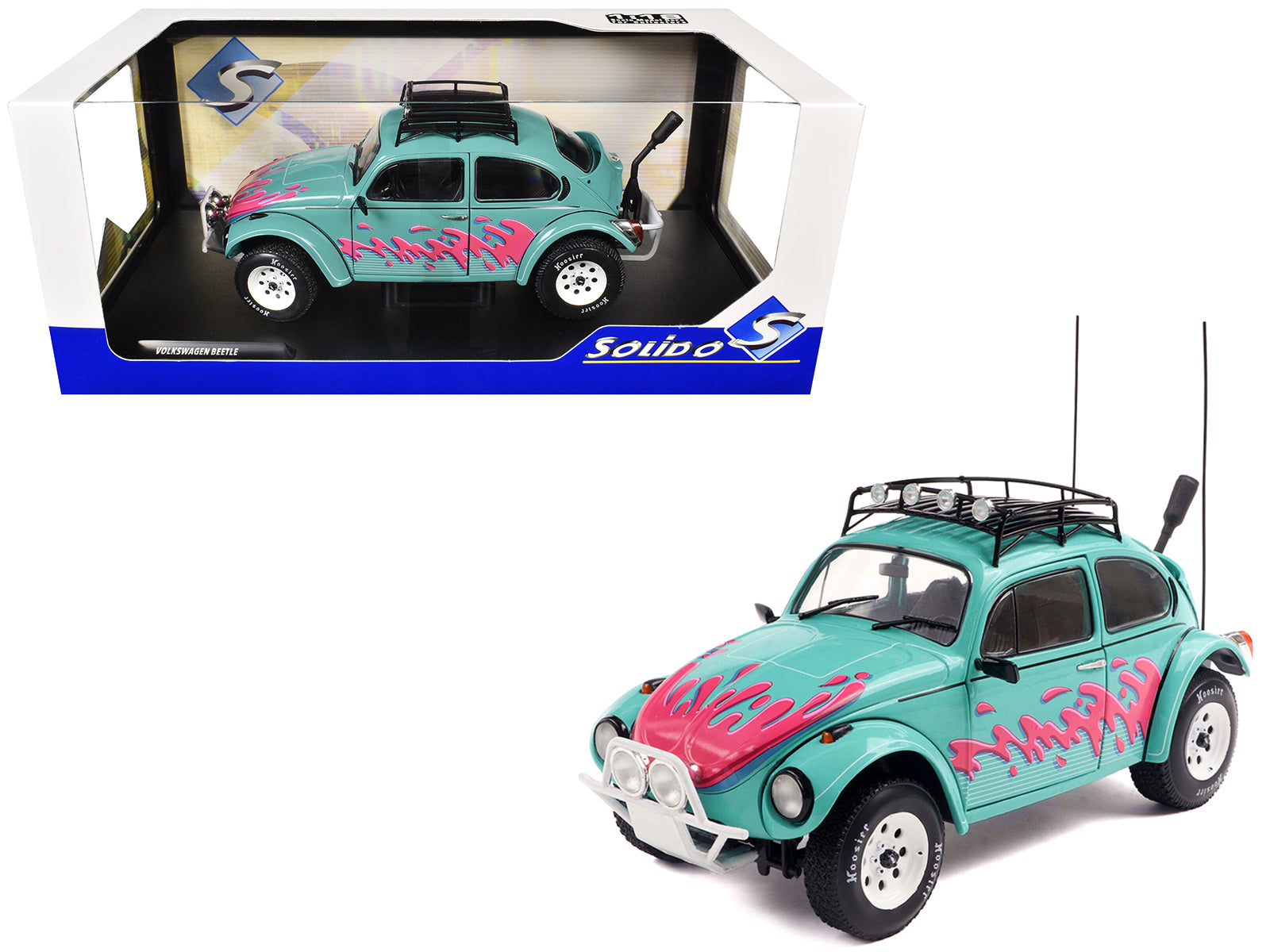 1976 Volkswagen Beetle Baja Miami Green with Pink Graphics 1/18 Diecast Model Car by Solido