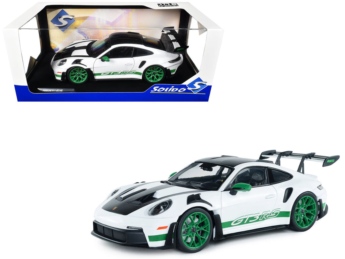 2024 Porsche 911 GT3 RS "Tribute to Carrera RS Package" White with Carbon Hood Stripes and Top and Green Side Stripes and Wheels 1/18 Diecast Model Car by Solido