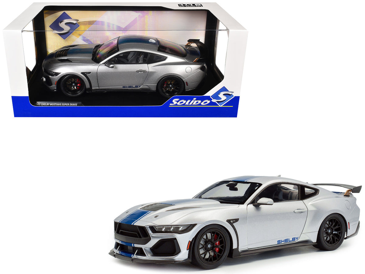 2024 Ford Shelby Mustang Super Snake Gray Metallic with Blue Stripes 1/18 Diecast Model Car by Solido