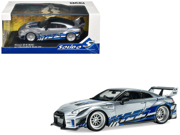 2020 Nissan GT-R (R35) Liberty Walk Silhouette RHD (Right Hand Drive) Silver Metallic with Black Top and Blue Graphics 1/43 Diecast Model Car by Solido
