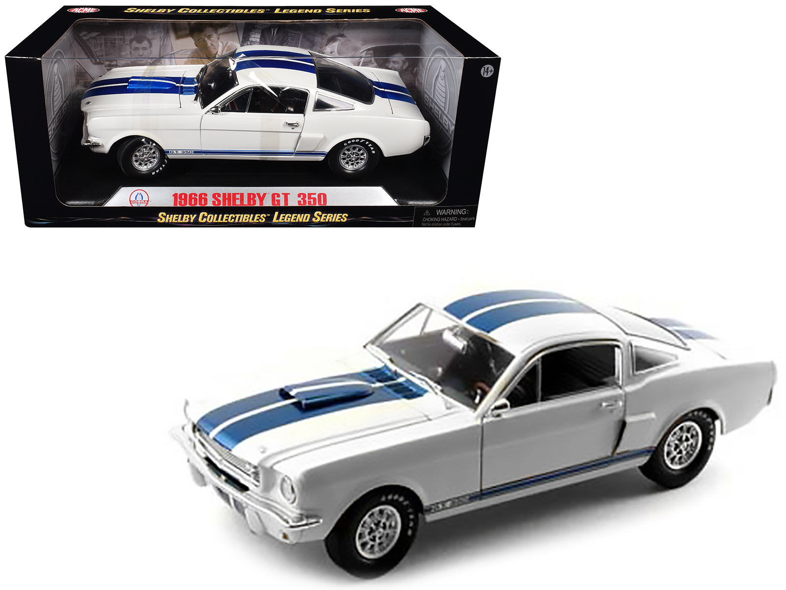 1966 Ford Mustang Shelby GT350 White with Blue Stripes 1/18 Diecast Model Car by Shelby Collectibles