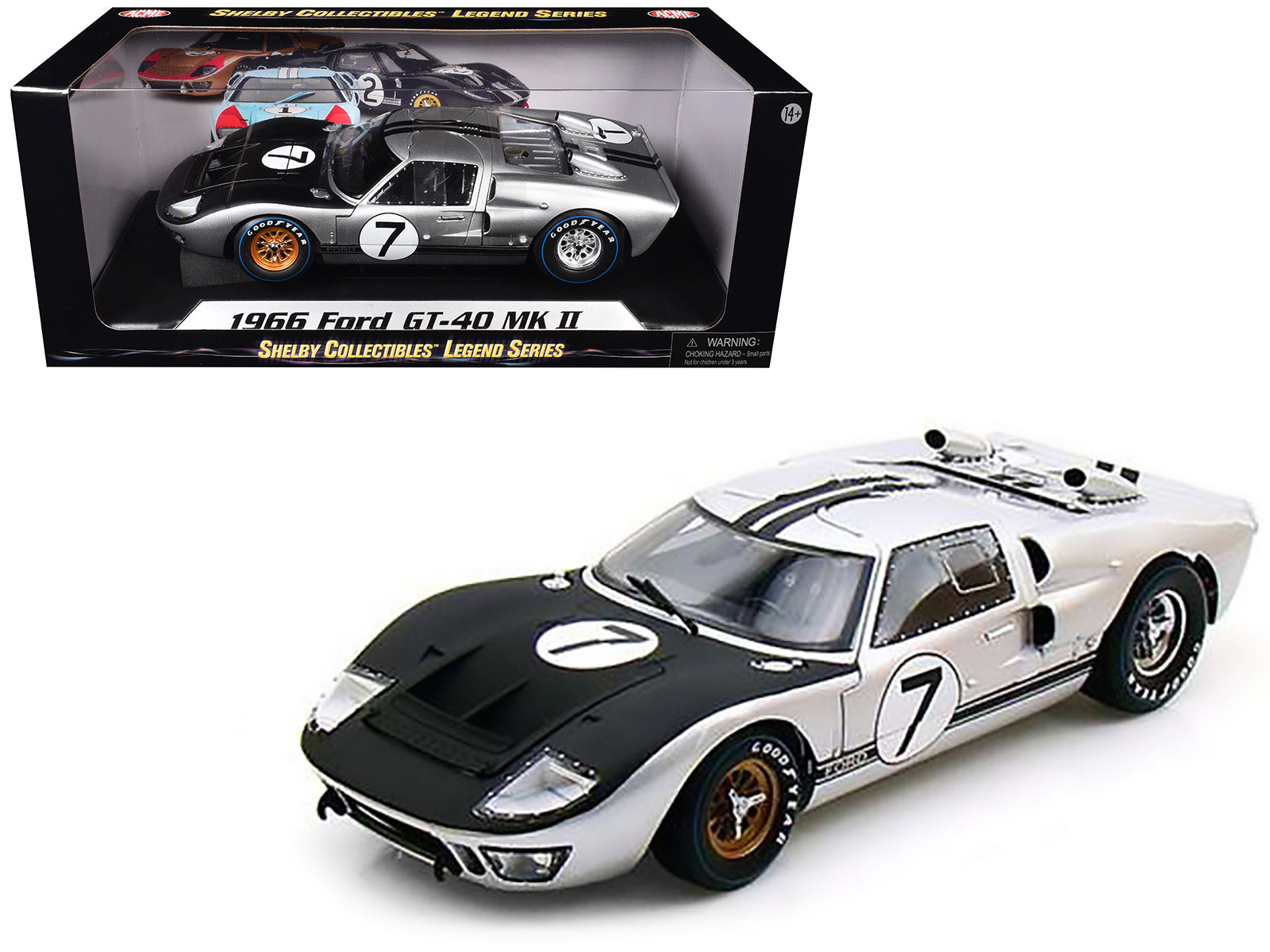 1966 Ford GT-40 MK II #7 Silver 1/18 Diecast Model Car by Shelby Collectibles