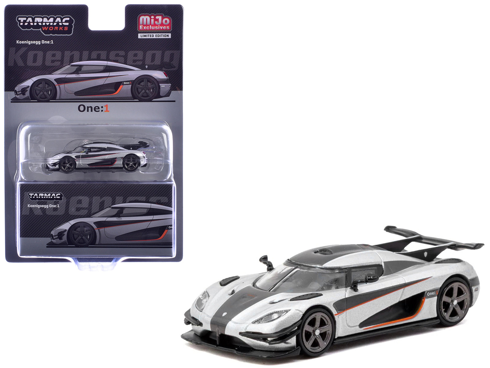 Koenigsegg One:1 Silver Metallic with Black Stripes "Global64" Series 1/64 Diecast Model Car by Tarmac Works