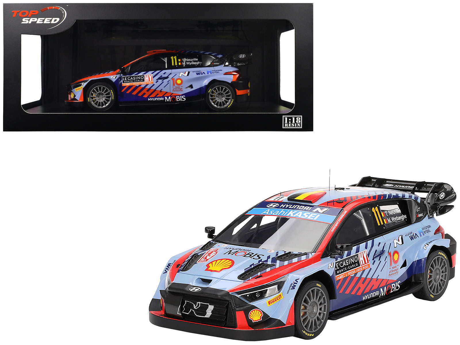 Hyundai i20 N Rally1 Hybrid #11 Thierry Neuville - Martijn Wydaeghe "Hyundai Shell Mobis WRT" Winner WRC "Monte Carlo Rally" (2024) 1/18 Model Car by Top Speed