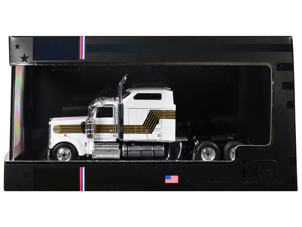 1995 Kenworth W900 Truck Tractor White with Black and Gold Stripes 1/64 Diecast Model by IXO Models