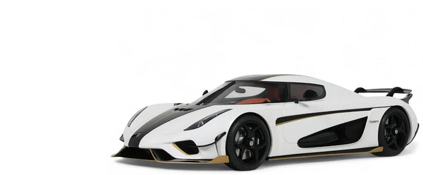 2023 Koenigsegg Regera White with Black Stripes 1/18 Model Car by GT Spirit